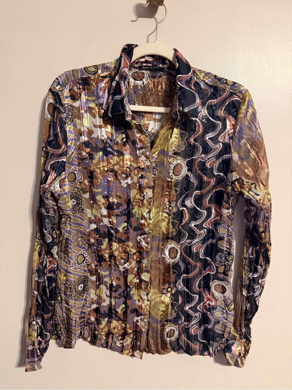 Metallic Abstract Sheer Button Up Blouse Y2K Artsy Euro Chic Top L - Picture 3 of 11